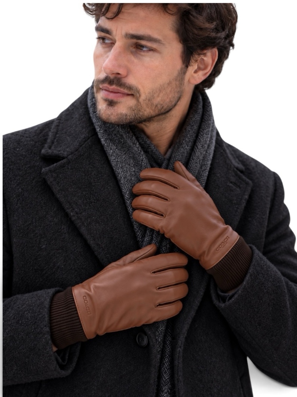 Coach Men’s Sheep Leather Soft Wool Lining Knit Cuff Tech Gloves Brown Sz M NWT